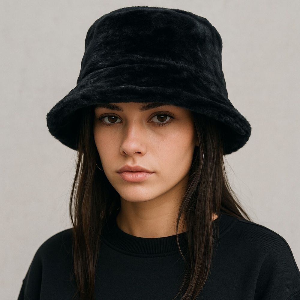 Black Faux Fur Bucket Hat Winter Soft Plush Fuzzy Warm Outerwear Unisex One Size - Picture 11 of 11